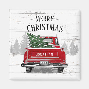 Íman Vintage Red Truck Árvore de Natal Nome Madeira R