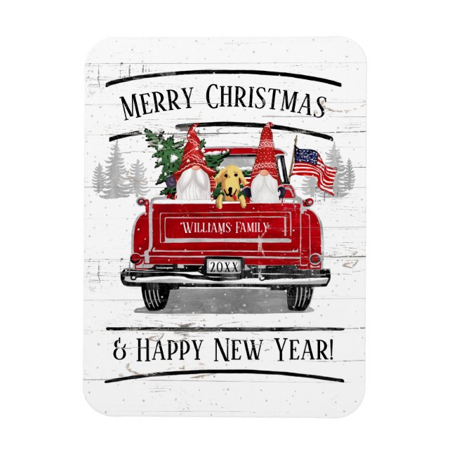 Íman Vintage Red Truck Gnomos Cão Patriótico Natal (Vertical)