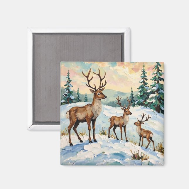 Íman Vintage Reindeer Family Winter Meadow Painting (Front/Back)