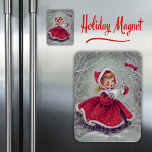 Íman Vintage Retro 1950 Girl in Snow Christmas<br><div class="desc">Um belo ímã de natal do século médio que mostra uma ilustração antiga de uma menina fofa vestindo um belo casaco vermelho aparado com pele branca na neve para um casal de pássaros vermelhos aninhados em um galho. Faz um presente de excelente ou estocador!</div>