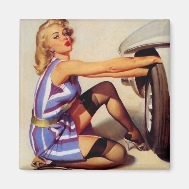 Íman Vintage Retro Car Mechanical Pinup Girl (Frente)