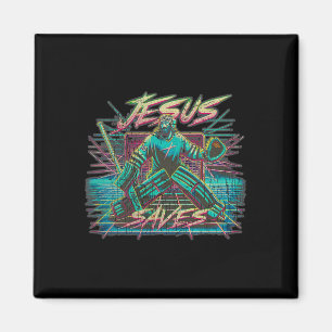 Íman Vintage Retro Vaporwave Jesus Salva Hóquei no Gelo