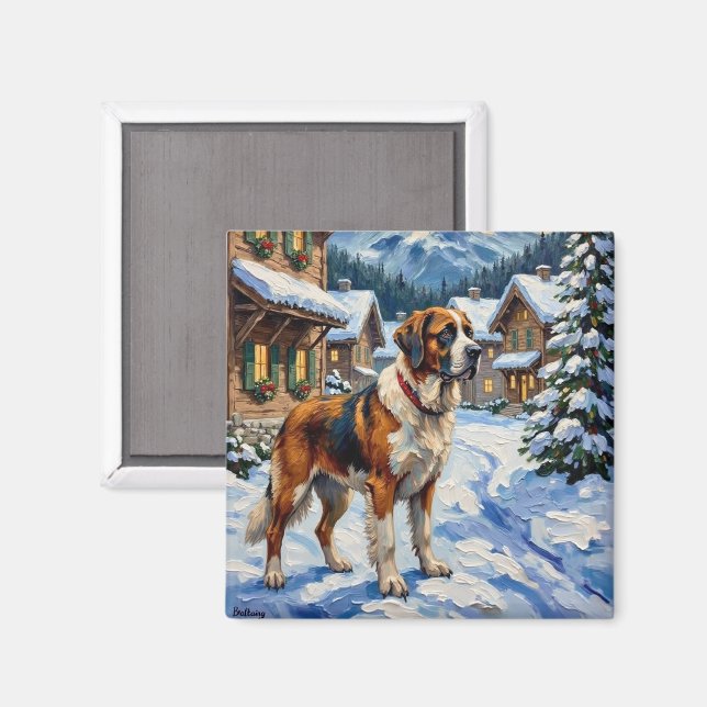 Íman Vintage Saint Bernard Alpine Christmas Painting (Front/Back)