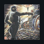 Íman Vintage Science Ficting Máquinas Físicas do Sci Fi<br><div class="desc">Imagem de ficção científica com ilustração em Vintage apresentando uma cena de fabricação futurista com máquinas de direcionar robôs funcionando.</div>