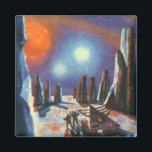 Íman Vintage Science Ficting Planeta Estrangeiro com Al<br><div class="desc">Ilustração vintage: planetas futuristas de ficção científica e imagem espacial. Um clássico 50 de quadrinhos retrô com aliens de ficção científica olhando para vários sóis em um planeta com formações geológicas de rocha altas.</div>