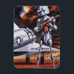 Íman Vintage Science Ficting Soldados Robôs Militares<br><div class="desc">Imagem de robô militar com Ficção Científica futurista Vintage. Um soldado alienígena hostil segurando uma espingarda e em frente a uma aeronave ou avião militar com uma estrela. Ele está num planeta desolado pronto para entrar em guerra com fumaça, fogo e explosões. Hora de lutar e lutar contra os aliens...</div>