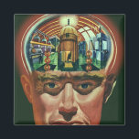 Íman Vintage Science Fiction, Alienígena Brain in Labor<br><div class="desc">Ilustração vintage: aliens futuristas de ficção científica e imagens de robôs apresentando um homem com seu cérebro exposto mostrando um laboratório. Um clássico design de revista em quadrinhos que apresenta um ciborgue cientista com a mão no queixo com um olhar intenso em seu rosto e parece que está pensando no...</div>