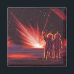 Íman Vintage Science Fiction Alienígena Red Planet Expl<br><div class="desc">Imagem de Vintage,  ilustração futurista Science Fiction com astronautas alienígenas amigáveis acenando. Eles estão em um planeta ou lua vermelho com bolas de fogo explosivas que se parecem com fogos de artifício. Um clássico design de quadrinhos retrô 50 de ficção científica.</div>