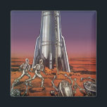 Íman Vintage Science Fiction, Astronautas Beetle Aliens<br><div class="desc">Imagem de vintage: viagem de ficção científica futurista e imagem de foguete de transporte. Astronautas correndo até seu foguete escapando de aliens em forma de besouro em um planeta estrangeiro tentando voltar para a terra. Um clássico design de ficção científica de quadrinhos retrógrados do 50 do futuro.</div>