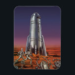 Íman Vintage Science Fiction, Astronautas Beetle Aliens<br><div class="desc">Imagem de vintage: viagem de ficção científica futurista e imagem de foguete de transporte. Astronautas correndo até seu foguete escapando de aliens em forma de besouro em um planeta estrangeiro tentando voltar para a terra. Um clássico design de ficção científica de quadrinhos retrógrados do 50 do futuro.</div>