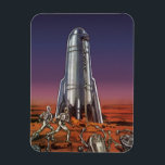 Íman Vintage Science Fiction, Astronautas Beetle Aliens<br><div class="desc">Imagem de vintage: viagem de ficção científica futurista e imagem de foguete de transporte. Astronautas correndo até seu foguete escapando de aliens em forma de besouro em um planeta estrangeiro tentando voltar para a terra. Um clássico design de ficção científica de quadrinhos retrógrados do 50 do futuro.</div>