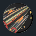 Íman Vintage Science Fiction Roket Ship by Space Stars<br><div class="desc">Ilustração de safra futurista e imagem de ficção científica de planetas. Um clássico design de ficção científica em quadrinhos retrô,  do futuro,  com um viagem e um foguete de transporte viajando pelo espaço através das estrelas e da lua no caminho de volta à Terra.</div>