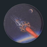 Íman Vintage Science Fiction, Sci Fi Rocket over Earth<br><div class="desc">Imagem de ficção científica com ilustração em Vintage,  com um foguete voando pelo espaço. A nave espacial está orbitando a Terra com a lua à distância.</div>