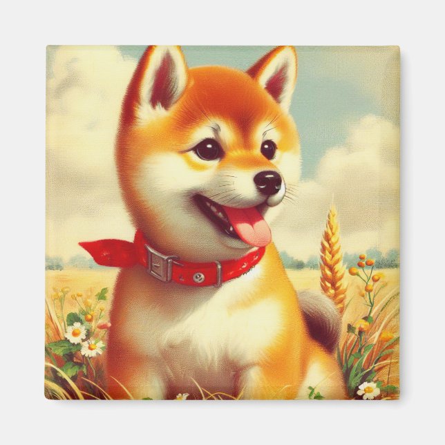 Íman Vintage Shiba Inu Pintura (Frente)