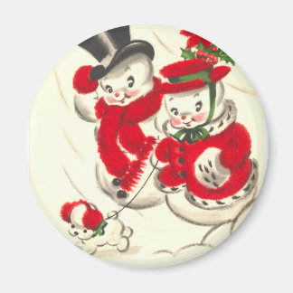 Íman Vintage Snowman e SnowWomen Round Magnet