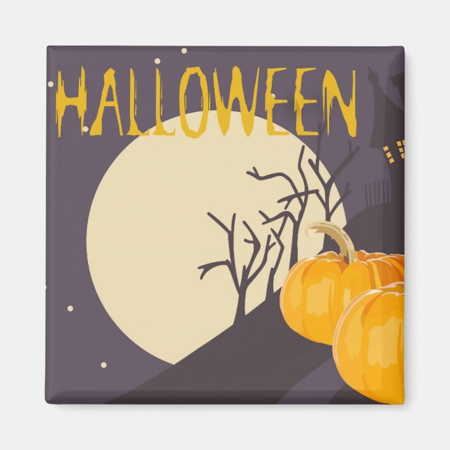 Íman Vintage Spooky Halloween Moon e Pumpkin à Noite (Frente)