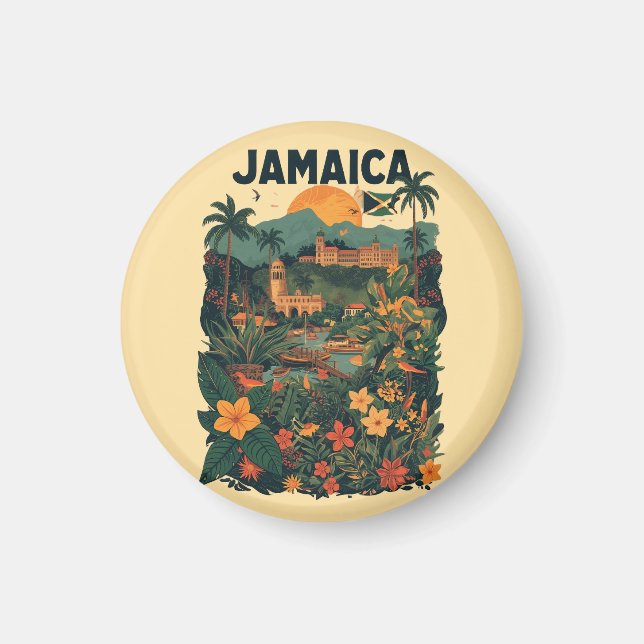 Íman Vintage Style Jamaica Travel Illustration (Frente)