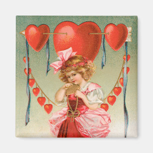 Íman Vintage Valentines Day, Victorian Girl with Hearts