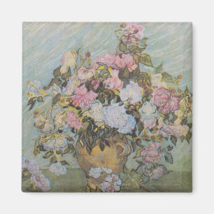 Íman Vintage Van Gogh Vase com Rosas Rosa