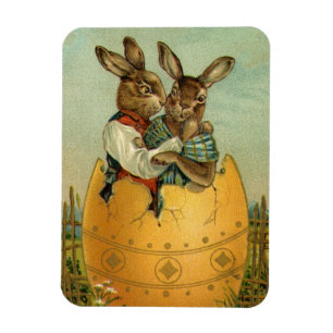 Íman Vintage Victorian Easter Bunnies em um Ovo Dourado