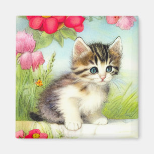 Íman Vintage White e Brown Kitten com Flores