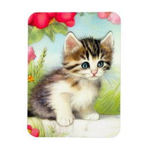 Íman Vintage White e Brown Kitten com Flores