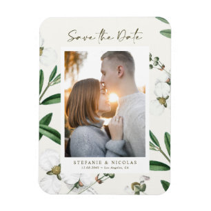 Íman Vintage White Flower Botanical Photo Save the Date