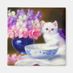 Íman Vintage White Kitten com Fita Roxa
