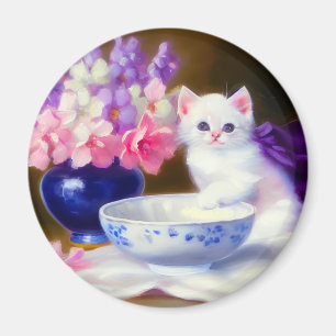 Íman Vintage White Kitten com Fita Roxa