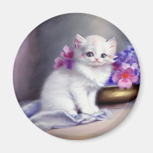 Íman Vintage White Kitten com Flores Rosa e Púrpura