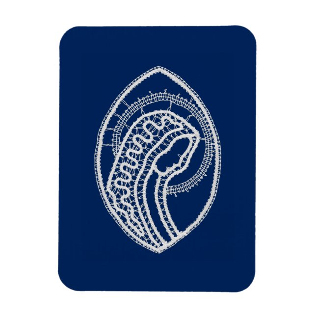 Íman Virgem Abençoada Maria, renda branca, azul marinho (Vertical)
