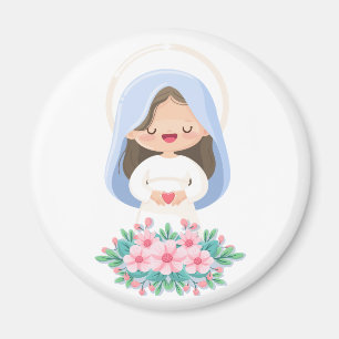 Íman Virgem Kawaii Maria com Coração e Flores - Branca