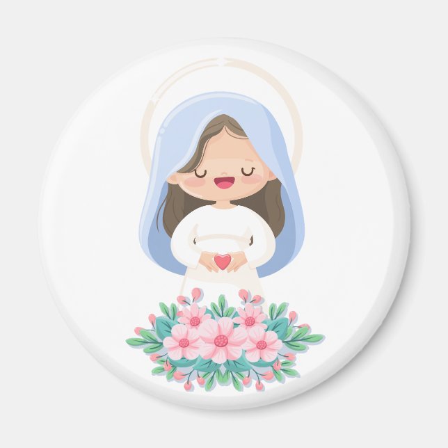 Íman Virgem Kawaii Maria com Coração e Flores - Branca (Frente)