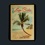 Íman Virgin Gorda Palm Tree Viagens vintage<br><div class="desc">Um impressão de arte das Ilhas Virgens Virgens Gorda moderna do século médio único no estilo poster viagens vintage. Ele apresenta uma palmeira curva na praia arenosa com oceano sob um céu azul nublado.</div>