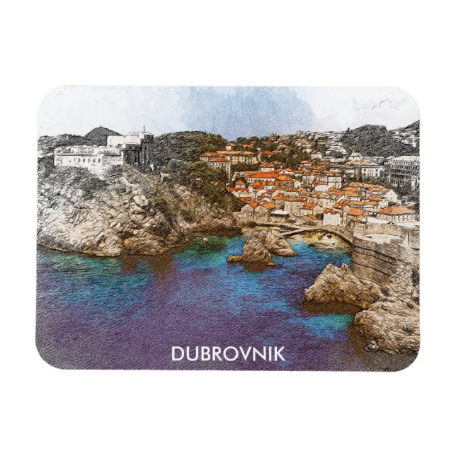 Íman Vista Costeira de Dubrovnik Croácia Watercolor (Horizontal)