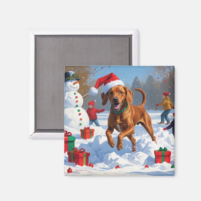 Íman Vizsla Correndo na Neve com Chapéu de Natal (Front/Back)