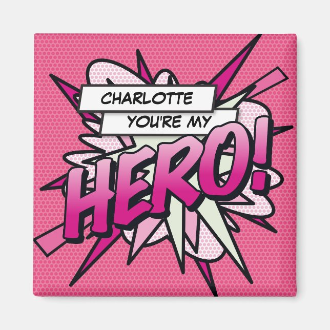 Íman Você é meu HERÓI Fun Retro Quadrinho Rosa (Frente)