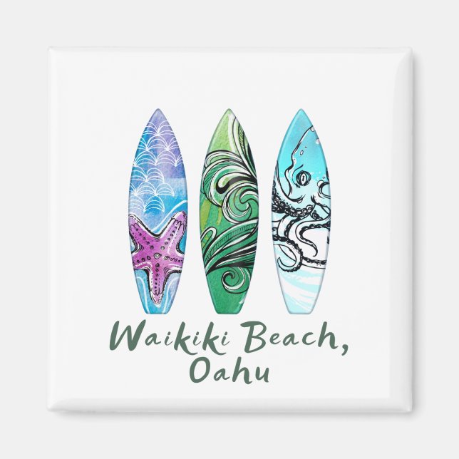 Íman Waikiki Beach Oahu Watercolor Surfboards (Frente)