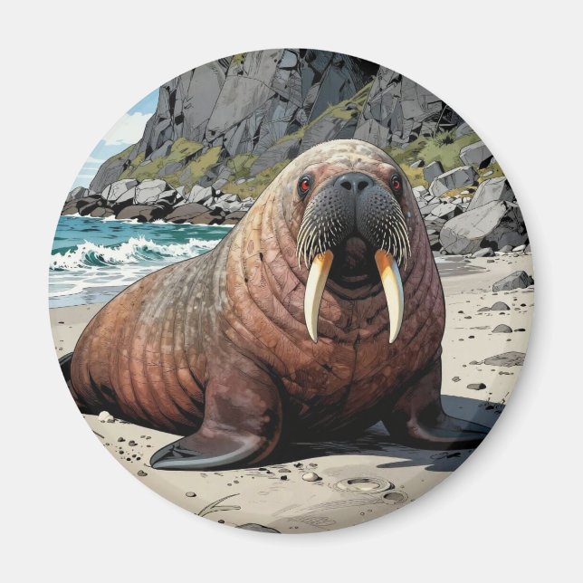 Íman Walrus on a Sandy Beach  | Cute Animals (Frente)