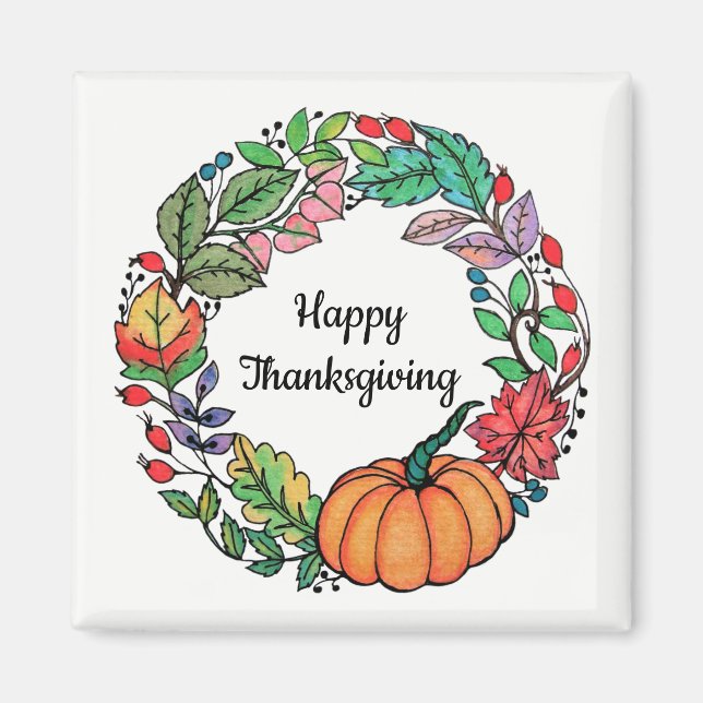 Íman Watercolor Belo Pumpkin Wreath com folhas (Frente)