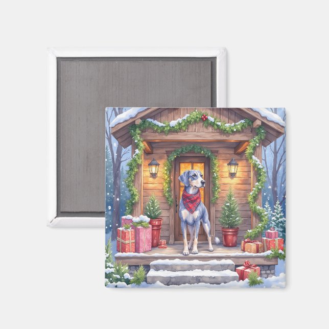 Íman Watercolor Bluetick Coonhound Cabin Porch Christma (Front/Back)