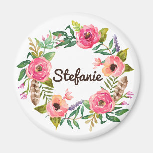 Íman Watercolor Boho Floral Wreath Personalizado
