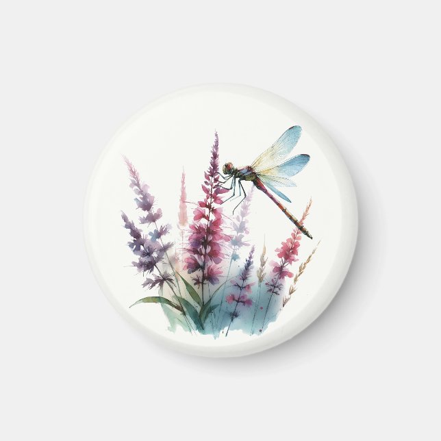 Íman Watercolor Dragonfly Purple Wildflower Nature Art (Frente)