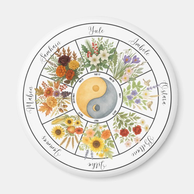 Íman Watercolor Floral Wheel do Ano Pagan Wicca (Frente)