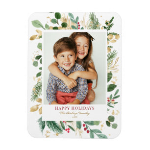 Íman Watercolor Gold Foil Greenery e Holly Photo