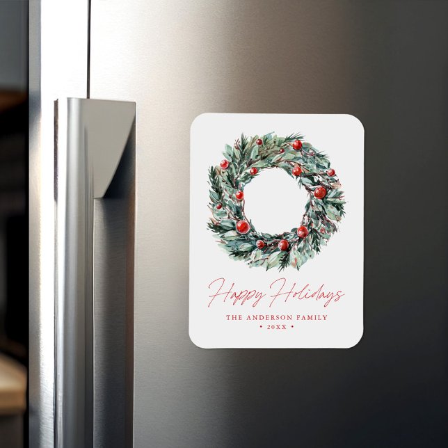 Íman Watercolor Holly Berry & Greenery Wreath Holiday (Criador carregado)