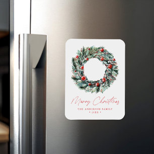 Íman Watercolor Holly Berry & Greenery Wreath Natal