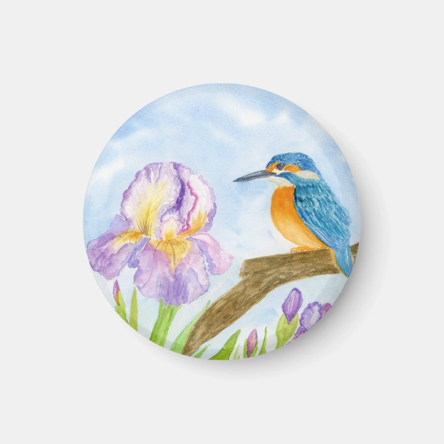 Íman Watercolor Kingfisher with Purple Irises (Frente)