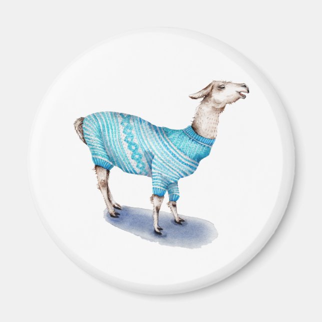 Íman Watercolor Llama em Blue Sweater (Frente)