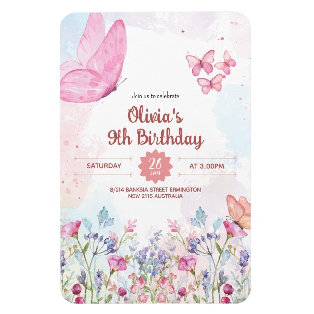 Íman Watercolor Pastel Butterfly Birthday Invitation (Vertical)
